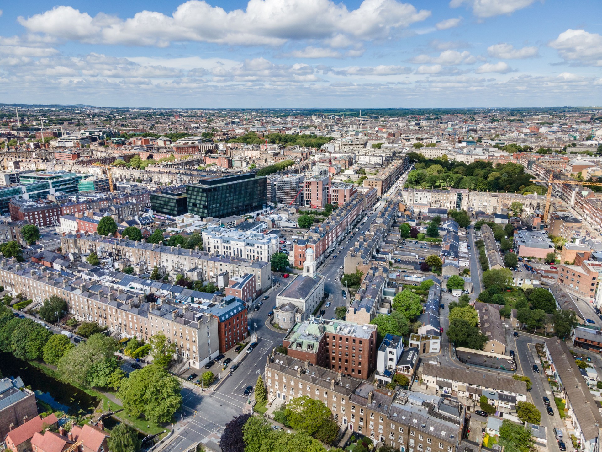 Aerial view of buildings and streets in Dublin city centre on a sunny day